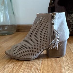 Qupid Taupe Perforated Peep-Toe Ankle Bootie with Tassel